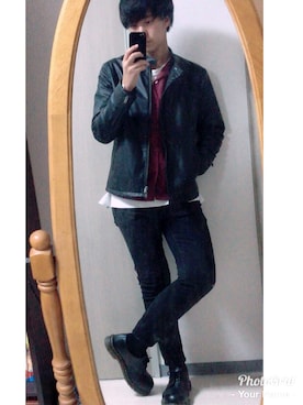 「Daniel Wellington」｜「アイテム（ライダースジャケット）」を使った、ひょーがさん（メンズ・185cm）の秋コーディネート