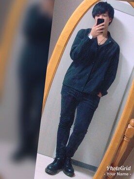 「真っ黒コーデ」｜「アイテム（ブルゾン）」を使った、ひょーがさん（メンズ・185cm）の秋コーディネート