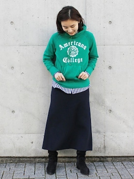 「アイテム（パーカー、グリーン系）」を使った、IBUさん（レディース・161cm）の冬コーディネート