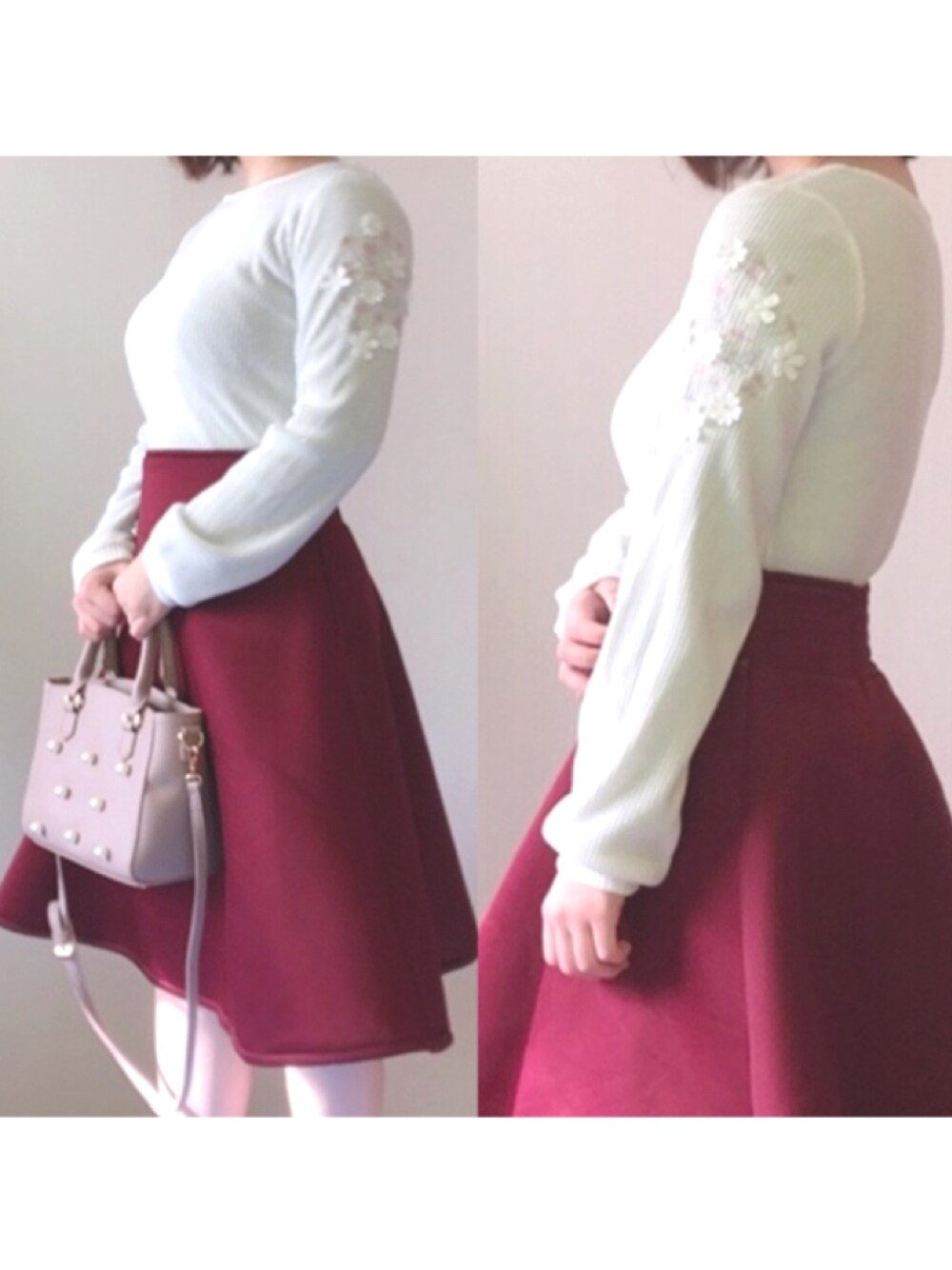 「tocco、toccocloset、今日のコーデ、プチプラコーデ、低身長、春色、春コーデ、上品、お嬢様風、おしゃれさんと繋がりたい」｜「tocco closetの刺繍入りフラワーモチーフ装飾起毛リブカットソープルオーバー（ニット/セーター、ホワイト系）」を使った、Miyuuさん（レディース・152cm）の冬コーディネートの1枚目の写真