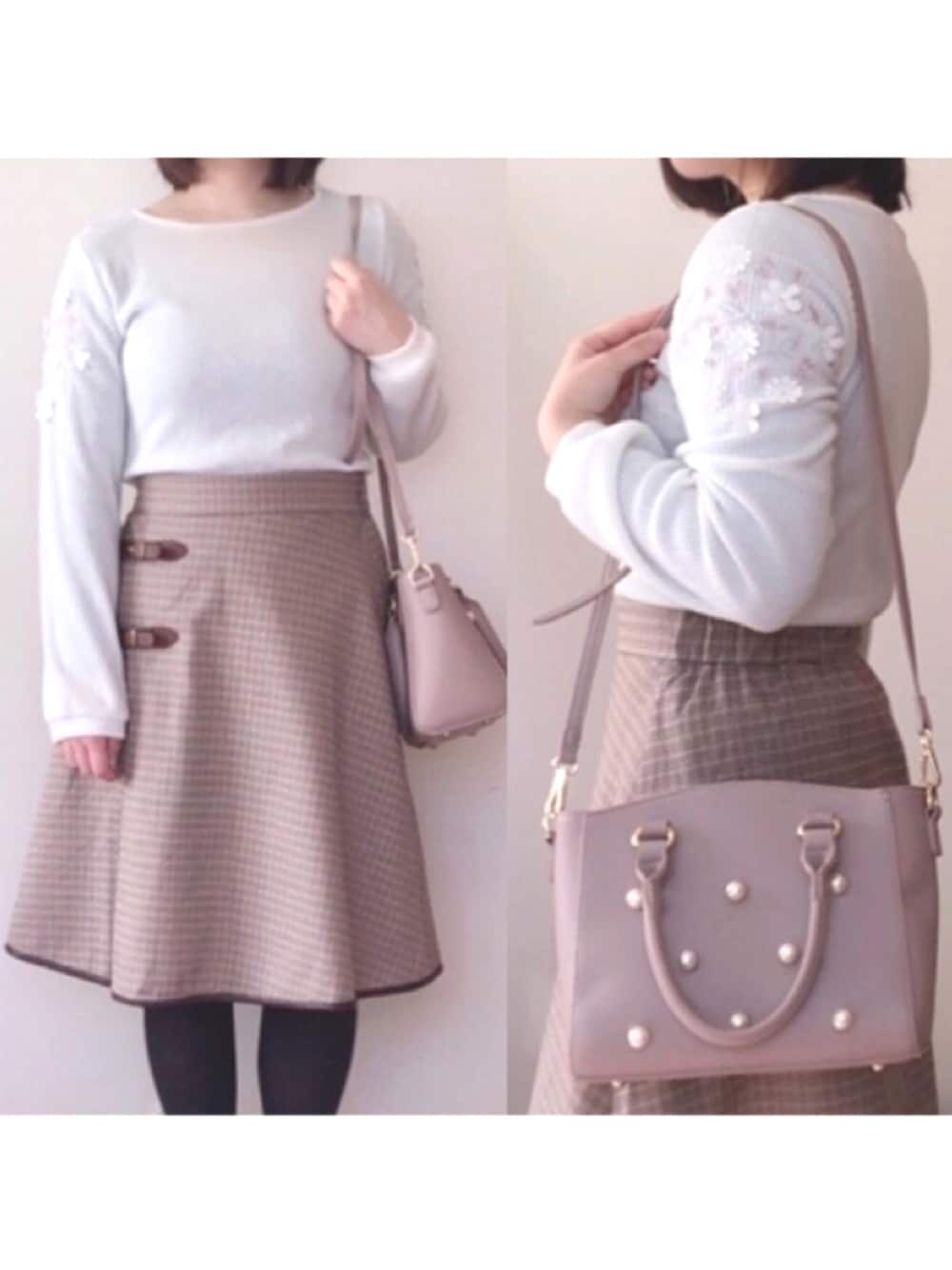 「オトナ女子、おしゃれさんと繋がりたい、プチプラ、低身長、休日スタイル、大人ガーリー、上品、tocco、toccocloset、お嬢様風」｜「tocco closetの刺繍入りフラワーモチーフ装飾起毛リブカットソープルオーバー（ニット/セーター、ホワイト系）」を使った、Miyuuさん（レディース・152cm）の冬コーディネートの1枚目の写真