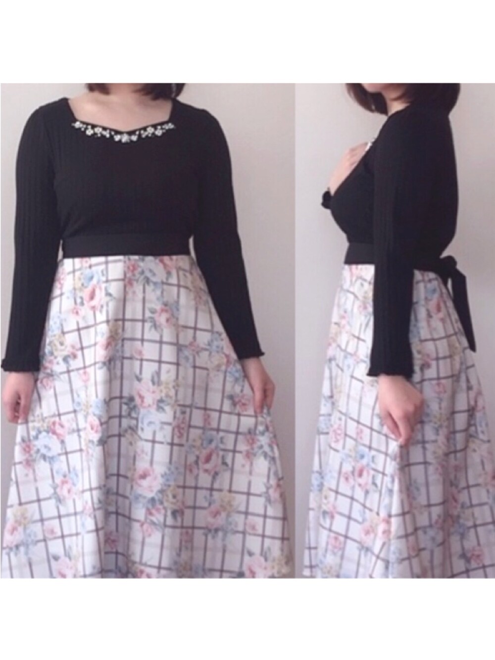 「休日スタイル、tocco、toccocloset、低身長、プチプラ、上品、大人ガーリー、お嬢様風、春コーデ、お洒落さんとつながりたい」｜「tocco closetのアイテム（ワンピース/ドレス、ブラック系）」を使った、Miyuuさん（レディース・152cm）の春コーディネートの1枚目の写真