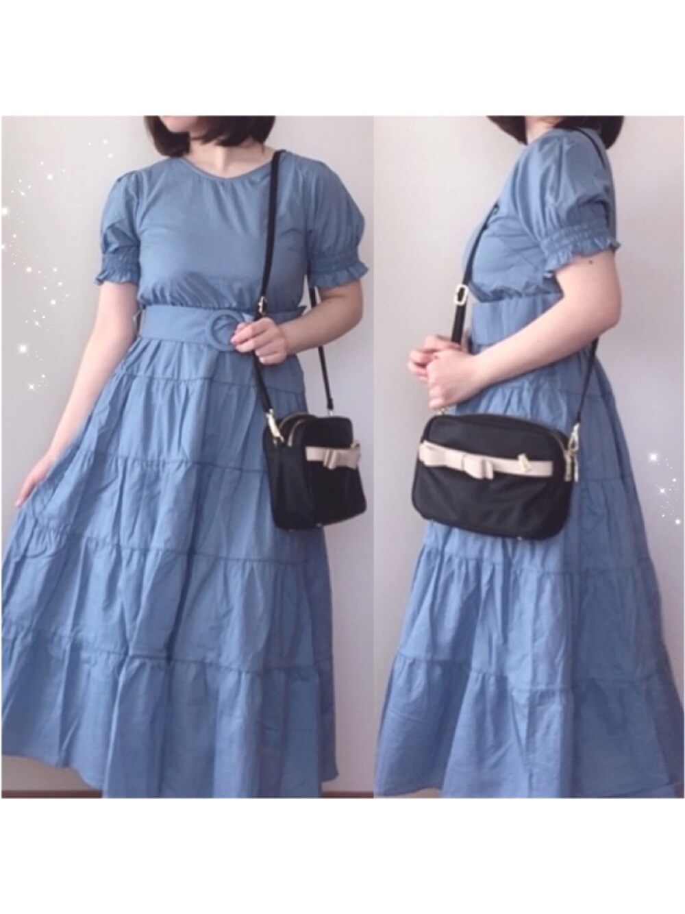 「春コーデ、おしゃれさんと繋がりたい、春夏コーデ、低身長、プチプラ、休日スタイル、tocco、toccocloset、お洒落さんとつながりたい、ティアードワンピース」｜「tocco closetのくるみバックルベルト付きパフスリーブティアードコットンワンピース（ワンピース、ブルー系）」を使った、Miyuuさん（レディース・152cm）の春コーディネートの1枚目の写真