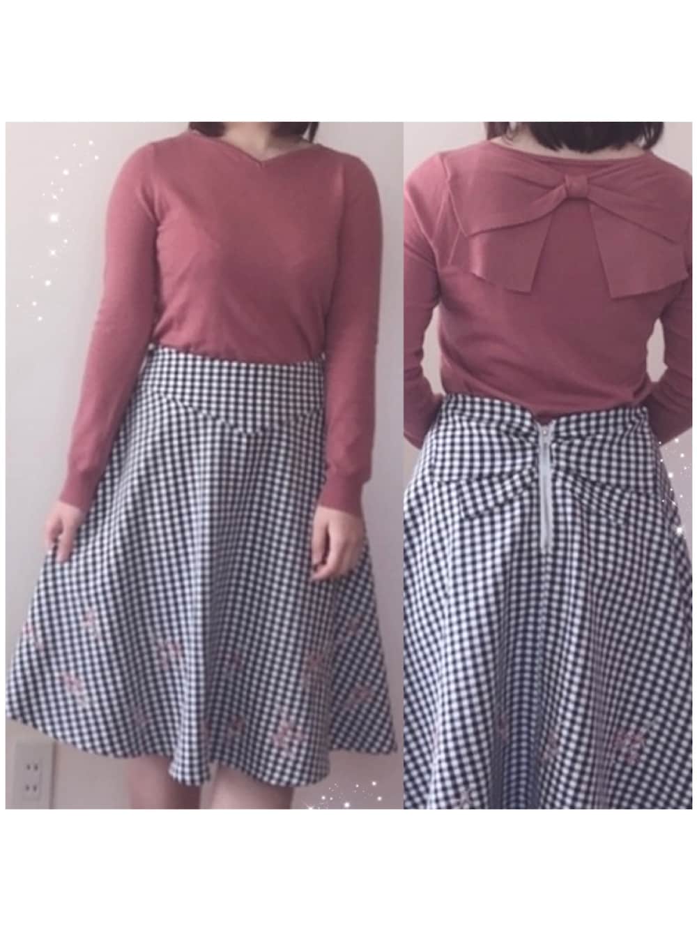 「春コーデ、休日コーデ、低身長コーデ、おしゃれさんと繋がりたい、今日のコーデ、プチプラ、tocco、toccocloset、大人ガーリー、お洒落さんとつながりたい」｜「tocco closetの後ろりぼん付きハートネックニットプルオーバー（ニット/セーター、ピンク系）」を使った、Miyuuさん（レディース・152cm）の春コーディネートの1枚目の写真