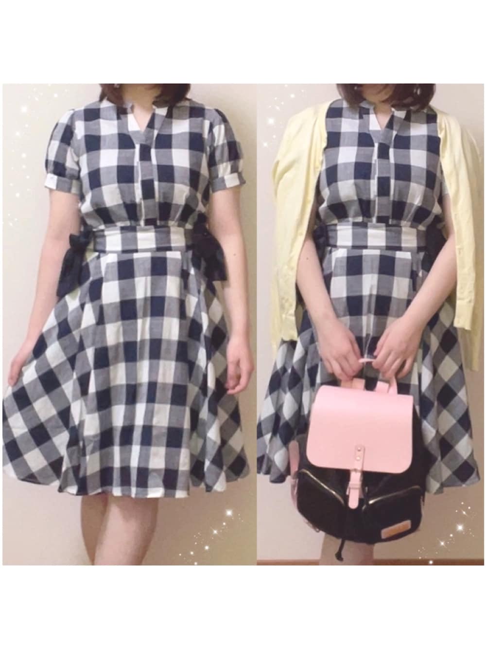 「tocco、toccocloset、GASTONLUGA、ユニクロ、UNIQLO、着回しコーデ、プチプラコーデ、休日スタイル、低身長、お洒落さんとつながりたい」｜「tocco closetのスキッパーギンガムチェックワンピース（ワンピース、ブルー系）」を使った、Miyuuさん（レディース・152cm）の春コーディネートの1枚目の写真
