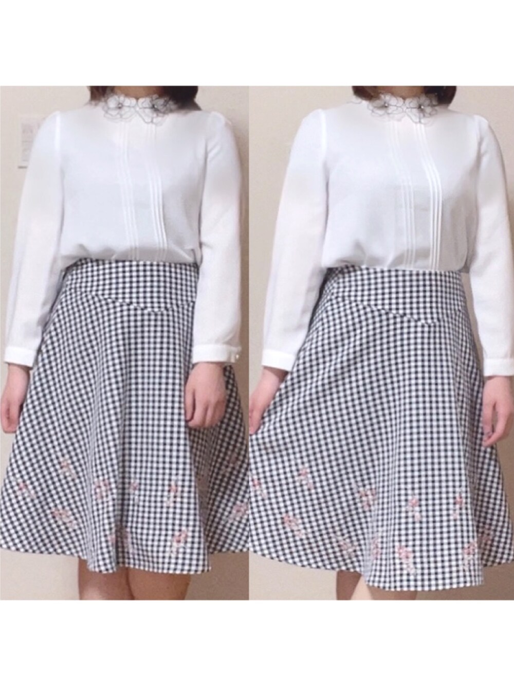 「toccocloset、tocco、低身長、プチプラ、休日スタイル、春コーデ、着回しコーデ、ootd、お洒落さんとつながりたい、おしゃれさんと繋がりたい」｜「tocco closetのビジュー装飾フラワーモチーフ襟付きタック入りブラウス（シャツ/ブラウス、ホワイト系）」を使った、Miyuuさん（レディース・152cm）の春コーディネートの1枚目の写真