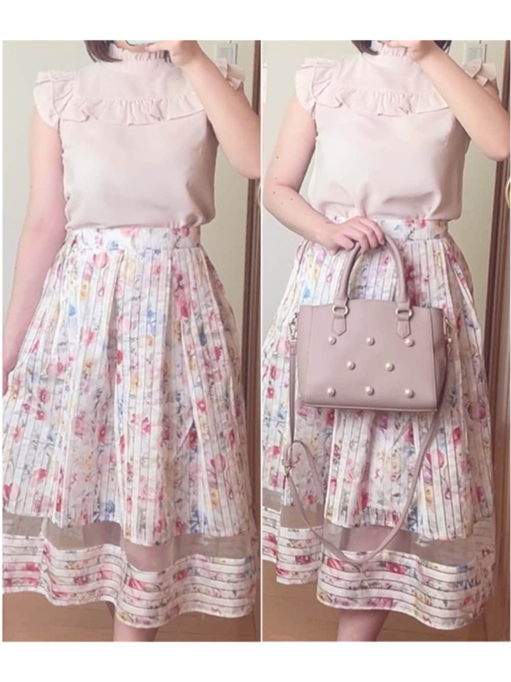 「toccocloset、tocco、休日スタイル、プチプラ、低身長、夏コーデ、大人ガーリー、おしゃれさんと繋がりたい、お洒落さんとつながりたい、春夏コーデ」｜「tocco closetのフリル付きバックリボンノースリーブブラウス（シャツ/ブラウス、ベージュ系）」を使った、Miyuuさん（レディース・152cm）の春コーディネートの1枚目の写真