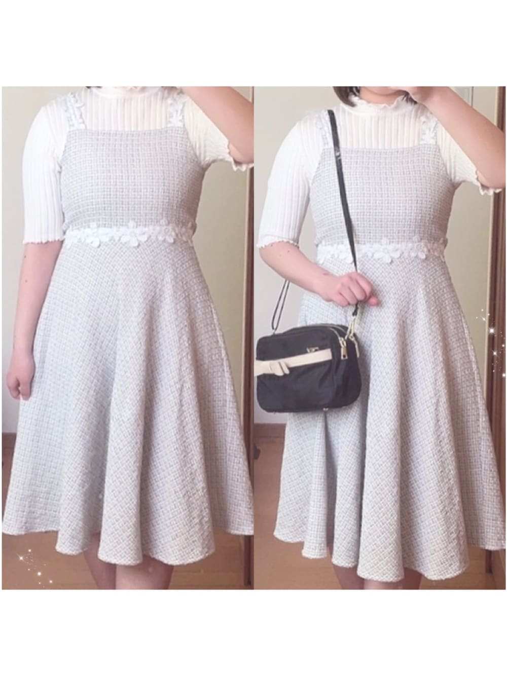「toccocloset、tocco、低身長、プチプラ、休日スタイル、夏コーデ、花柄、上品、おしゃれさんと繋がりたい、お洒落さんとつながりたい」｜「tocco closetのフラワーモチーフ付きツイードワンピース（ワンピース、ブルー系）」を使った、Miyuuさん（レディース・152cm）の春コーディネートの1枚目の写真