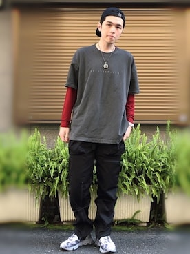 「FLAGSTUFF（フラグスタフ）のアイテム（パンツ）」を使った、Sebastian yangさん（メンズ・172cm）の春コーディネート