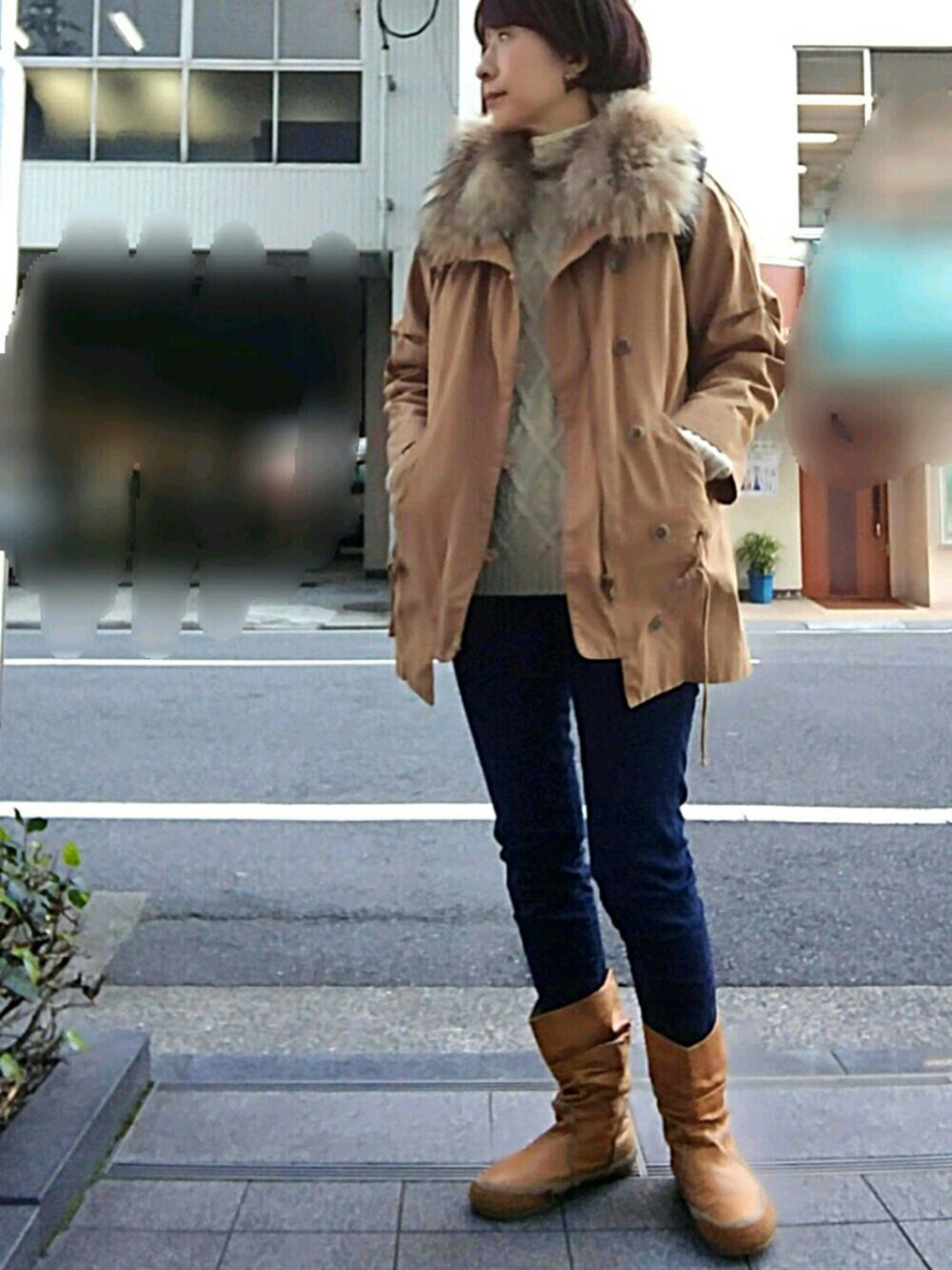 「オトナ女子、モッズコート、スキニーデニム、ミドルブーツ、アラン編みニット、きれいめカジュアル」｜「不明のアイテム（ブーツ、ブラウン系）」を使った、ヒロ🍀チャさん（レディース・158cm）の冬コーディネートの1枚目の写真