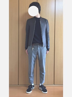「グレースラックス」｜「アイテム（ライダースジャケット）」を使った、くまさん（メンズ・169cm）の冬コーディネート