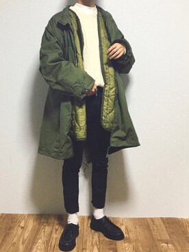 「白ニット」｜「アイテム（モッズコート）」を使った、reposukeさん（メンズ・173cm）の冬コーディネート
