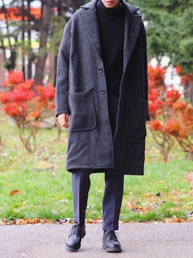 「LIDNM（リドム）のアイテム（チェスターコート）」を使った、reposukeさん（メンズ・173cm）の秋コーディネート