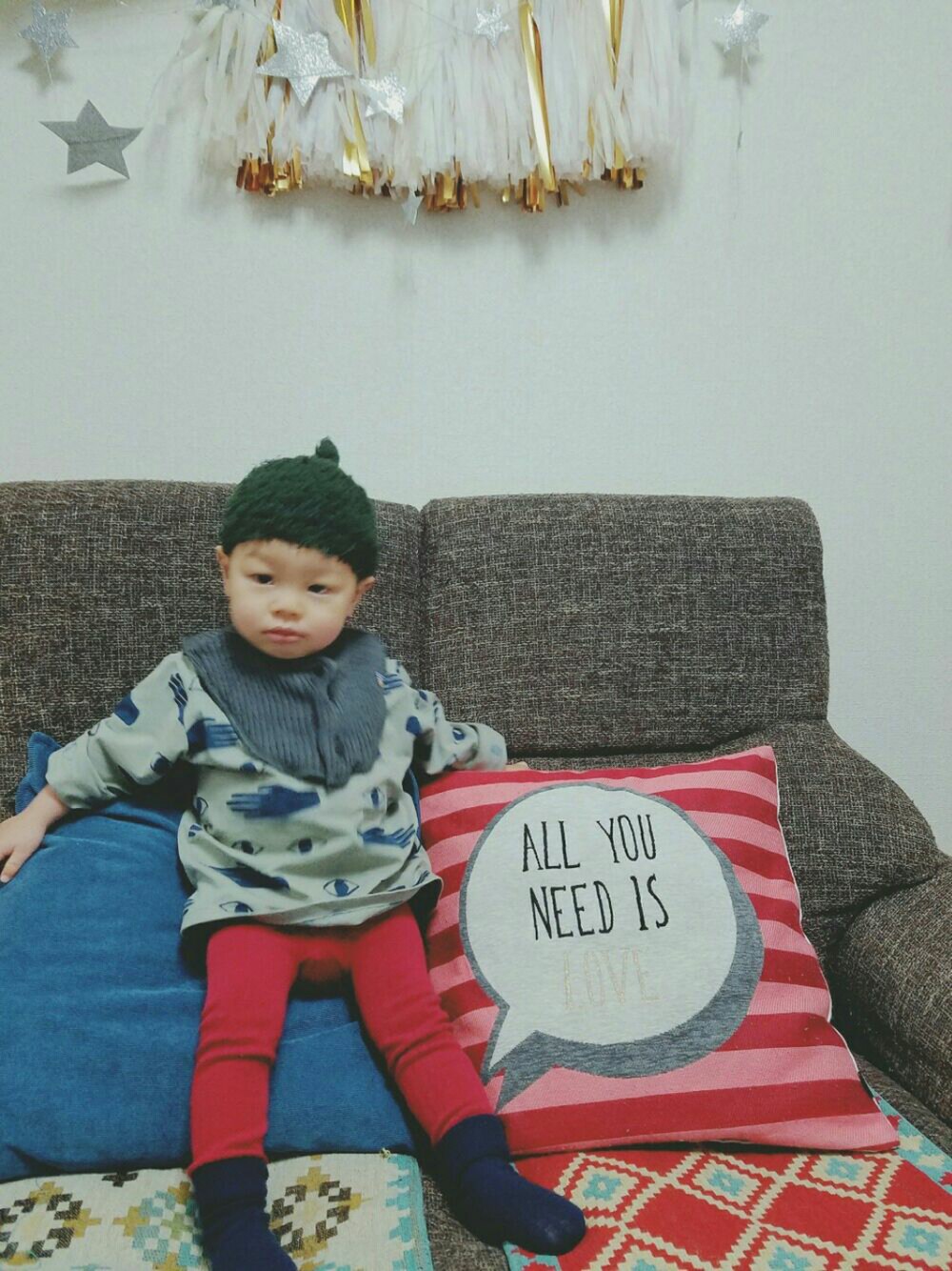 「キッズコーデ、男の子、arkakama、cokitica、モケニット、UNIQLO、男の子コーデ」｜「cokiticaのアイテム（帽子、グリーン系）」を使った、xxnaoxxさん（キッズ・120cm）の冬コーディネートの1枚目の写真