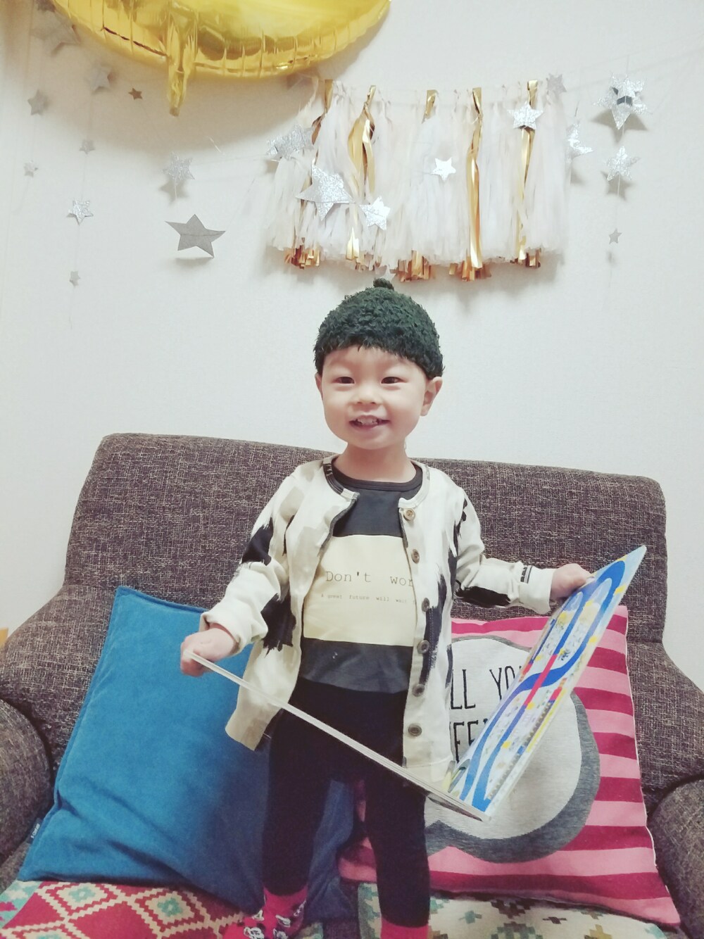 「ootd、arkakama、cokitica、ニット帽、男の子、キッズコーデ、kids、おとこのこ」｜「cokiticaのアイテム（帽子、グリーン系）」を使った、xxnaoxxさん（キッズ・120cm）の冬コーディネートの1枚目の写真