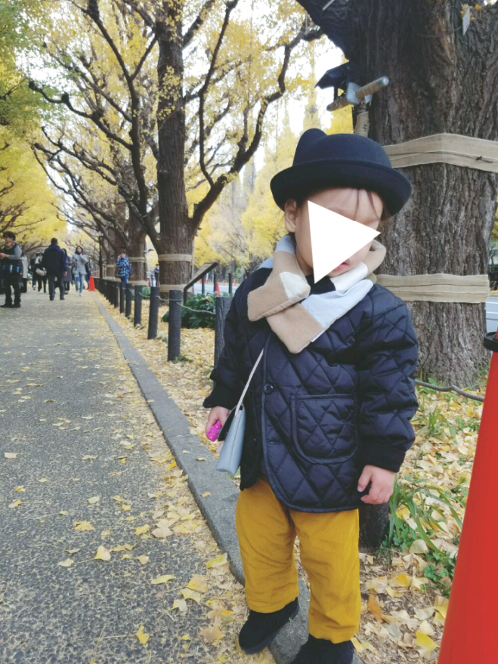 「秋冬コーデ、キッズファッション、男の子コーデ、ハンドメイド、ナイロンジャケット、フェルトハット、男の子、紅葉」｜「Handmadeのアイテム（パンツ、イエロー系）」を使った、xxnaoxxさん（キッズ・120cm）の秋コーディネートの1枚目の写真