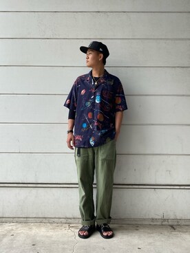 「schott（ショット）のSchott/ショット/HAWAIIAN SHIRT PLANET/ハワイアンシャツ プラネット（シャツ/ブラウス）」を使った、Yuta Suzukiさん（メンズ・174cm）の夏コーディネート