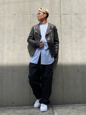 「レースアップシューズ」｜「アイテム（ライダースジャケット）」を使った、Yuta Suzukiさん（メンズ・174cm）の春コーディネート