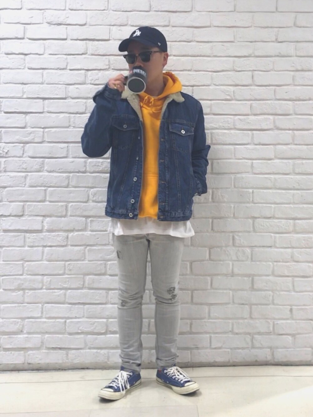 「ディーゼル、Diesel、デニム、ボアジャケット、秋コーデ、ocean、47 BRAND」｜「DIESELのMEN'S　ウィンタージャケット（その他アウター、ブルー系）」を使った、MJ-MICHIさん（メンズ・165cm）の秋コーディネートの1枚目の写真