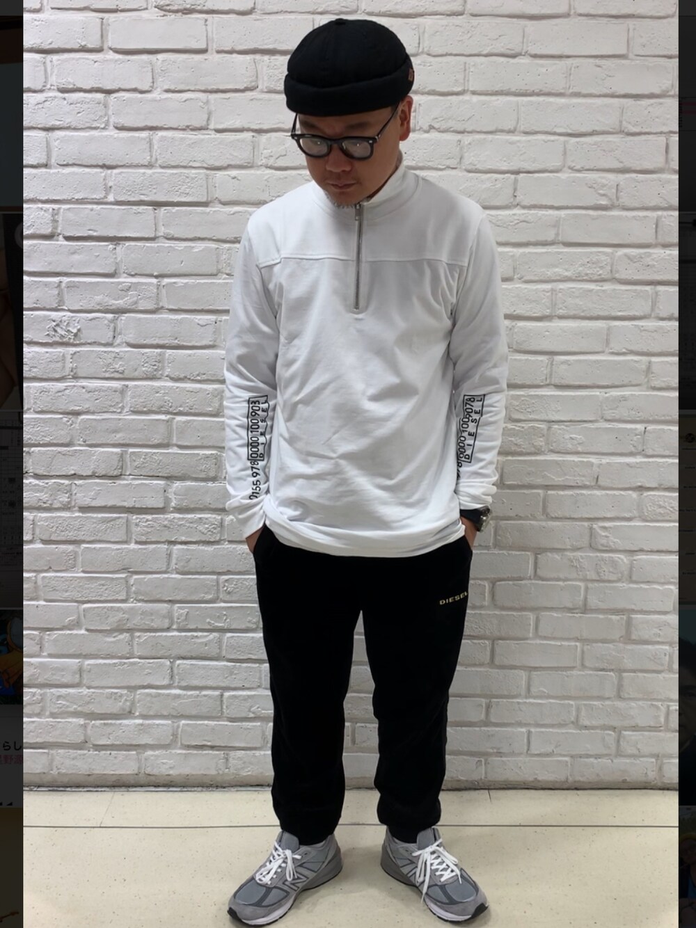 「Diesel、ディーゼル、newbalance990」｜「DIESELのアイテム（Tシャツ/カットソー、ホワイト系）」を使った、MJ-MICHIさん（メンズ・165cm）の秋コーディネートの1枚目の写真