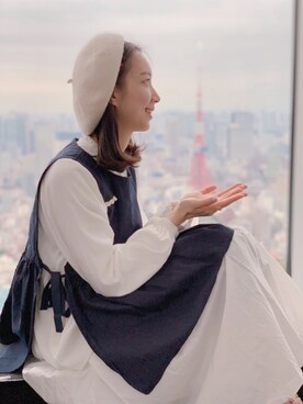 「Koreaのアイテム（ベスト、ブラック系）」を使った、つきの うさぎさん（レディース・162cm）の春コーディネート