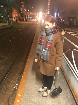 「茶色」｜「アイテム（ノーカラージャケット）」を使った、ユリーさん（レディース・155cm）の冬コーディネート