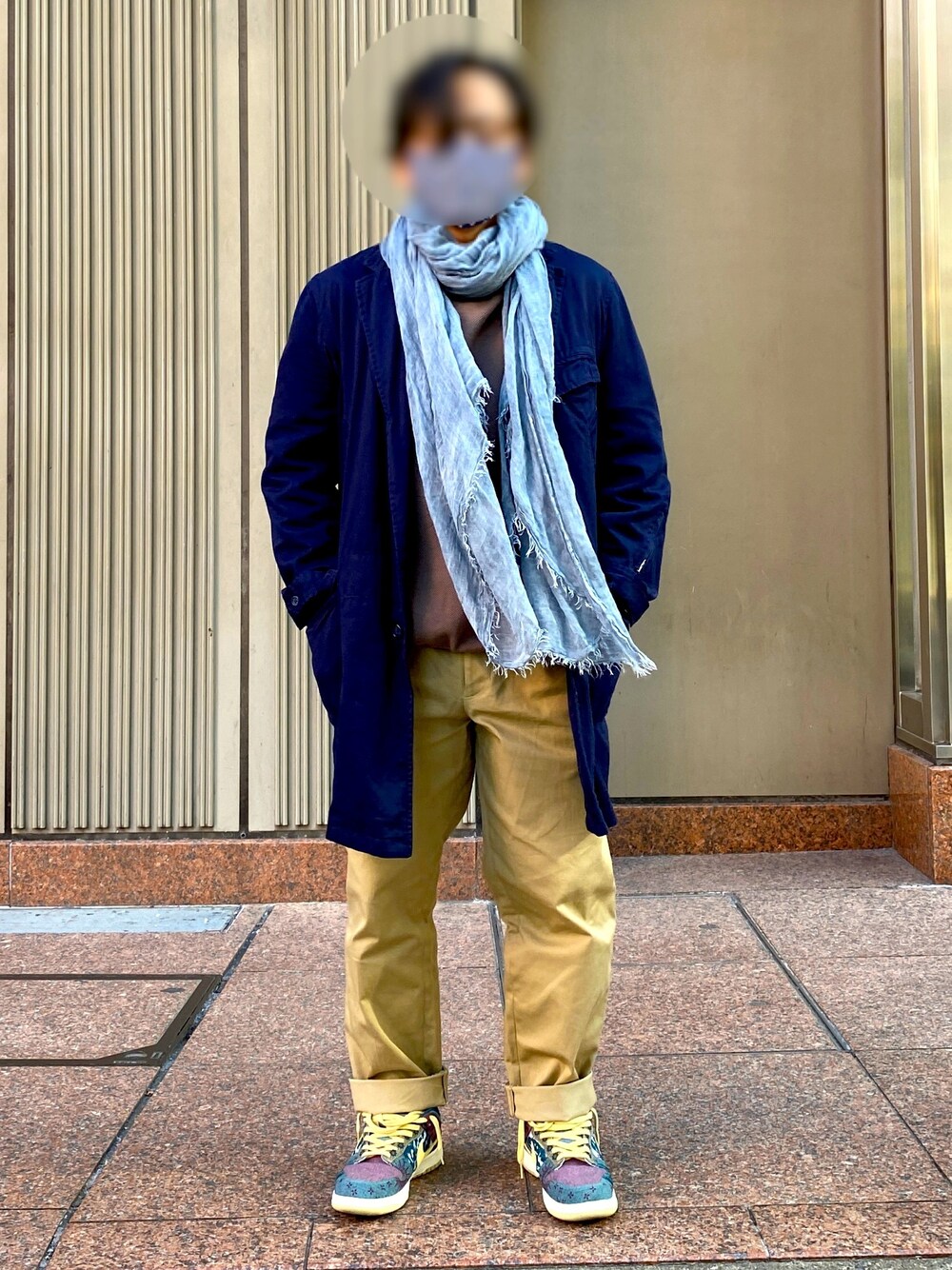 「ootd」｜「Faliero Sartiのアイテム（ストール/ショール、ブルー系）」を使った、32djangoさん（メンズ・165cm）の秋コーディネートの1枚目の写真