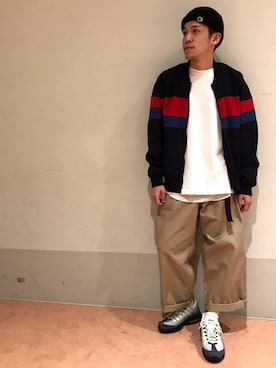 「Champion（チャンピオン）のアイテム（ニットキャップ/ビーニー）」を使った、しんごさん（メンズ・169cm）の春コーディネート