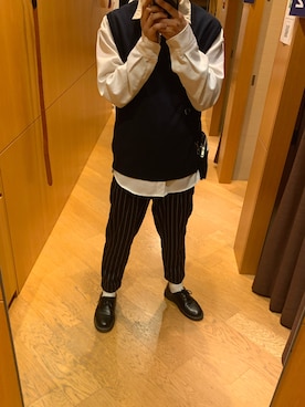 「アイテム（ベスト、ブルー系）」を使った、Rikiさん（メンズ・171cm）の冬コーディネート