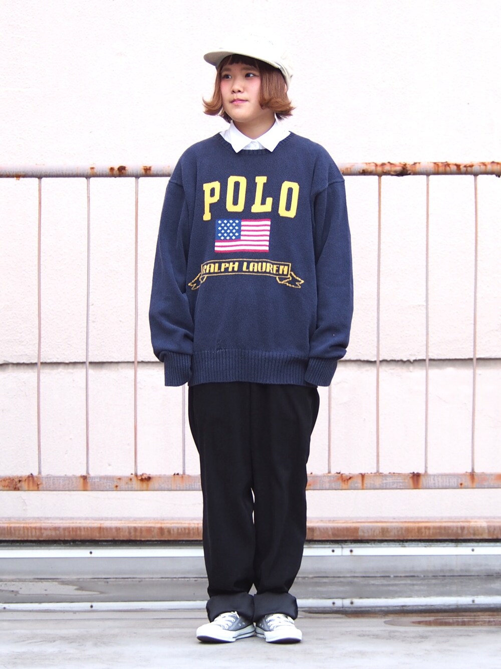 「セーター、ラルフローレン、used、used mix、古着、古着屋、キャップ、スラックス、USEDコーデ、コーデュロイキャップ」｜「lucentのアイテム（その他パンツ、ブラック系）」を使った、LUCENTさん（レディース・151cm）の冬コーディネートの1枚目の写真