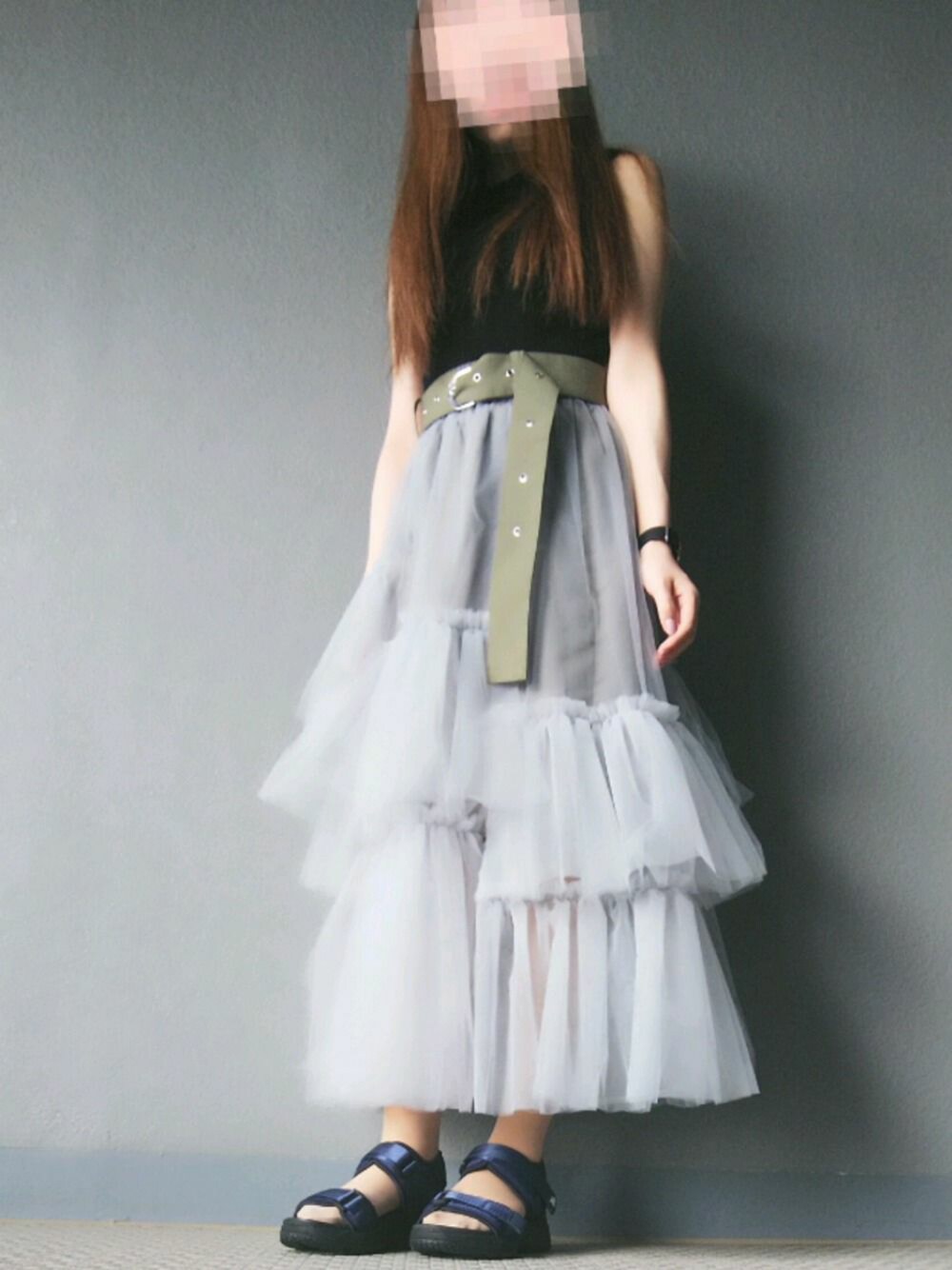 レディアゼル チュールアシメデザインスカート カーキ - ロングスカート