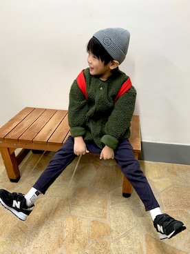 「GU（ジーユー）のアイテム（ノーカラージャケット）」を使った、ruchireさん（キッズ・110cm）の冬コーディネート