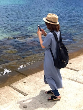 「KBF（ケイビーエフ）のKBF ポンチョワンピース（ワンピース、ブルー系）」を使った、はしゅさん（キッズ・70cm）の夏コーディネート