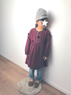 「ZARA KIDSのアイテム（ワンピース、レッド系）」を使った、yuna★soraさん（キッズ・110cm）の春コーディネート