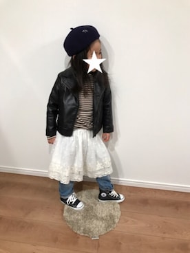 「UNIQLO（ユニクロ）のGIRLS リブボーダーハイネックT（長袖）（その他トップス、ベージュ系）」を使った、yuna★soraさん（キッズ・110cm）の春コーディネート