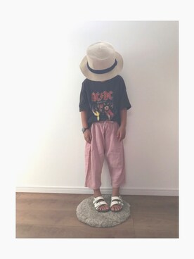「FREAK'S STORE（フリークスストア）のバンドTシャツ/ ACDC（Tシャツ/カットソー、ブラック系）」を使った、yuna★soraさん（キッズ・110cm）の夏コーディネート