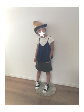 「b・ROOM（ビールーム）のキャミソール付き半袖Tシャツ（Tシャツ/カットソー、ブルー系）」を使った、yuna★soraさん（キッズ・110cm）の夏コーディネート