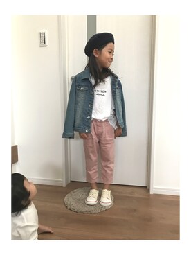 「GLOBAL WORK（グローバルワーク）の吸水速乾【キッズ】プリントＢＩＧ-Ｔ半袖/746256（Tシャツ/カットソー、ホワイト系）」を使った、yuna★soraさん（キッズ・110cm）の秋コーディネート