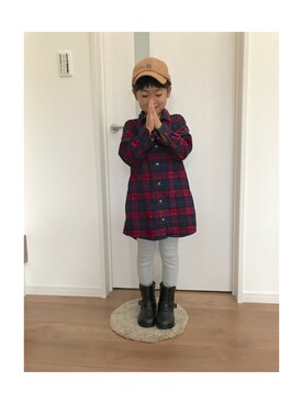 「GLOBAL WORK（グローバルワーク）の【キッズ】フランネルシャツワンピース/727257（ワンピース、レッド系）」を使った、yuna★soraさん（キッズ・110cm）の秋コーディネート