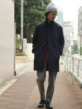 「ニットキャップ」｜「アイテム（ステンカラーコート）」を使った、YUKIさん（メンズ・176cm）の秋コーディネート