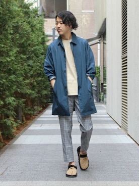 「ポケットＴシャツ」｜「アイテム（ステンカラーコート）」を使った、YUKIさん（メンズ・176cm）の春コーディネート