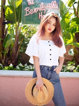 「GRL（グレイル）のテーパードデニムパンツ（デニムパンツ）」を使った、GRLグレイル_OFFICIALさん（レディース・158cm）の春コーディネート