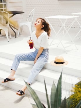 「GRL（グレイル）のクロスベルトデザインフラットサンダル（サンダル）」を使った、GRLグレイル_OFFICIALさん（レディース・158cm）の夏コーディネート