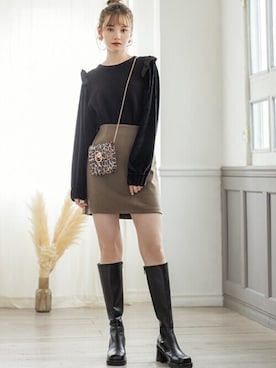 「GRL（グレイル）のスクエアトゥロングブーツ（ブーツ）」を使った、GRLグレイル_OFFICIALさん（レディース・161cm）の冬コーディネート