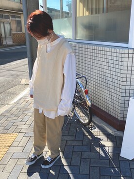 「Ambre Neige（アンブルネージュ）のバンドカラーシャツ／【WEB/EC限商品定商品】（Shirts、ホワイト系）」を使った、ひろちゃんさん（レディース・152cm）の夏コーディネート