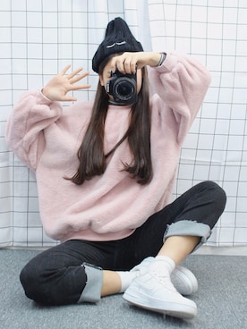 「アイテム（スウェット、ピンク系）」を使った、oldmickey_jpさん（レディース・162cm）の冬コーディネート