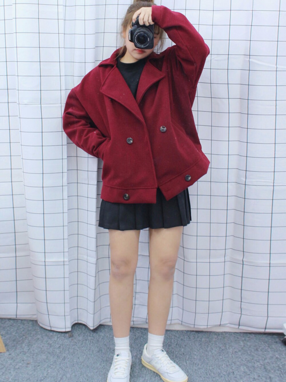 「ジャケット、スカート、カジュアル、シンプル、プチプラ、ootd、ラクチンコーデ、オールドミッキー、oldmickey」｜「OLDMICKEY のベーシックダブルボタンコットンジャケット（その他アウター、レッド系）」を使った、oldmickey_jpさん（レディース・162cm）の冬コーディネートの1枚目の写真
