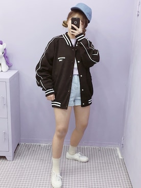 「OLDMICKEY （オールドミッキー）のアイテム（スタジャン）」を使った、oldmickey_jpさん（レディース・154cm）の春コーディネート
