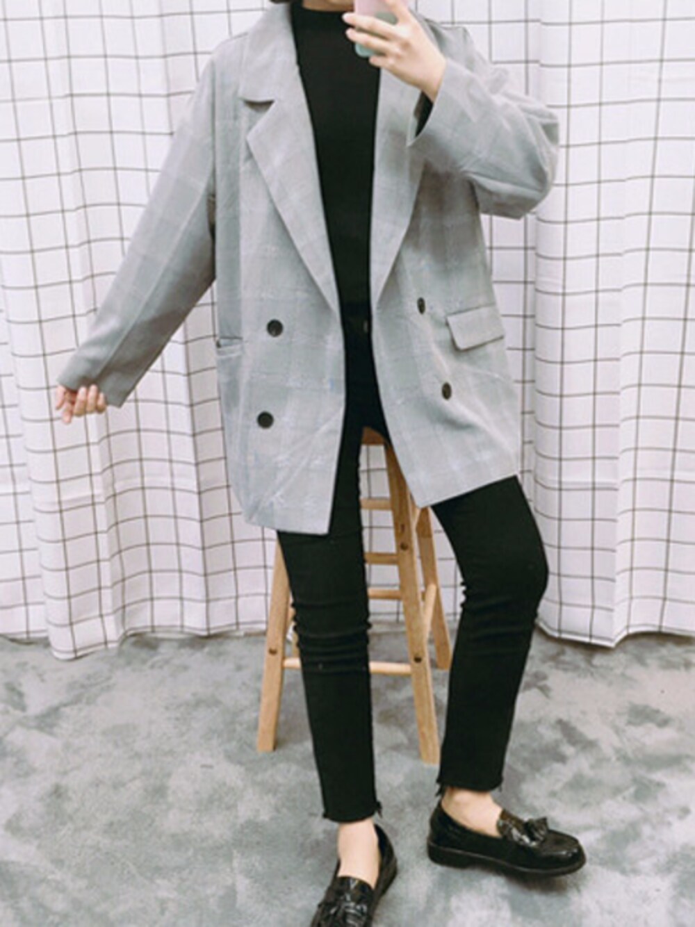 「ジャケット、パンツ、カジュアル、シンプル、プチプラ、パンツスタイル、春コーデ、ラクチンコーデ、オールドミッキー、oldmickey」｜「OLDMICKEY のベーシックストレートフィットカットオフヘムパンツ(P000BKEC)（その他パンツ、ブラック系）」を使った、oldmickey_jpさん（レディース・162cm）の春コーディネートの1枚目の写真