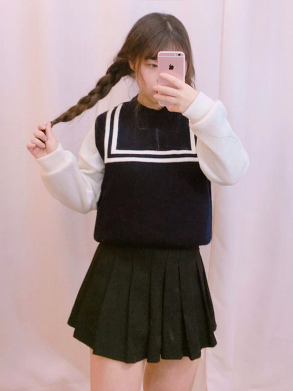 「スカート、カジュアル、シンプル、ベスト、プチプラ、春コーデ、ラクチンコーデ、韓国ファッション、オールドミッキー、oldmickey」｜「OLDMICKEY のスクエアラインニットベスト(P000BKDX)（ベスト、ブルー系）」を使った、oldmickey_jpさん（レディース・152cm）の春コーディネートの1枚目の写真